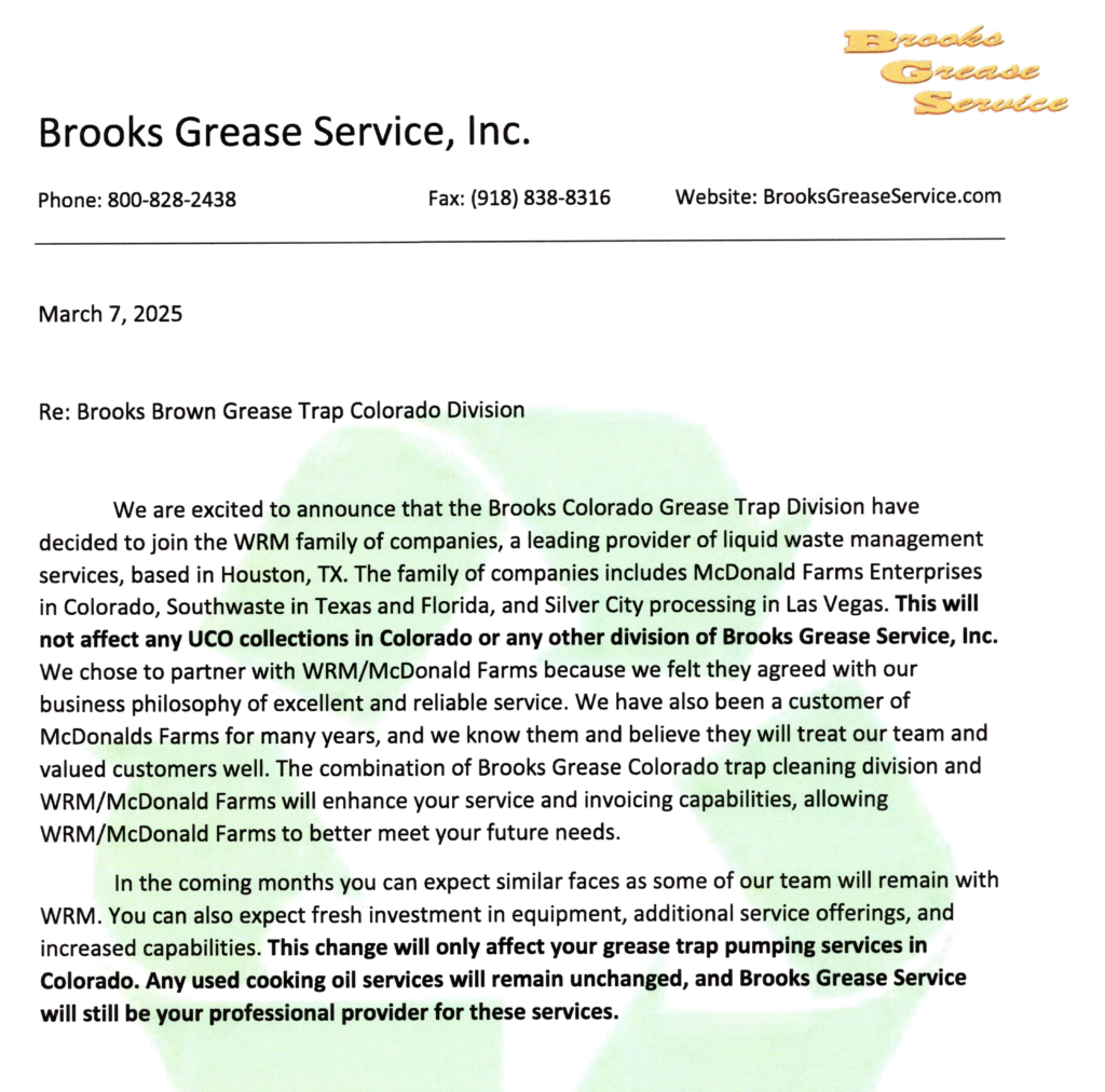 Brooks Grease trap letter